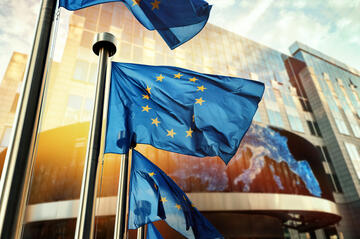 EU flags waving in front of European Parliament building © symbiot/Shutterstock