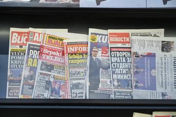 Serbian tabloids, daily and weekly newspapers on the shelf in the shop. Credits: Ajdin Kamber for Shutterstock