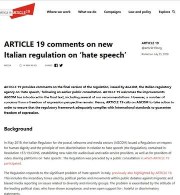 ARTICLE 19 comments on new Italian regulation on ‘hate speech’ ARTICLE 19 comments on new Italian regulation on ‘hate speech’