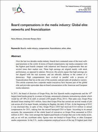 Board Compensations in the Media Industry: Global Elite Networks and Financialization Board Compensations in the Media Industry: Global Elite Networks and Financialization
