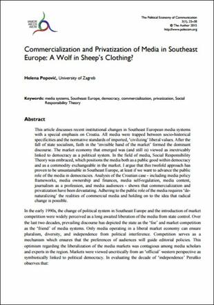 Commercialization and Privatization of Media in Southeast Europe: A Wolf in Sheep’s Clothing? 
