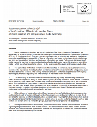 Council of Europe Recommendation on media pluralism, transparency of media ownership and media literacy