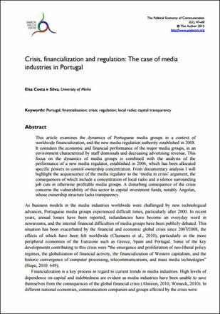 Crisis, Financialization and Regulation: The Case of Media Industries in Portugal