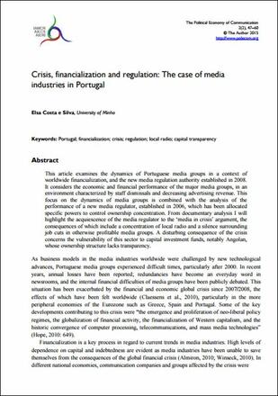 Crisis, Financialization and Regulation: The Case of Media Industries in Portugal Crisis, Financialization and Regulation: The Case of Media Industries in Portugal