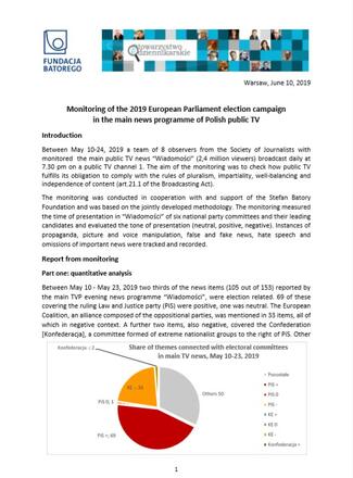 Monitoring of the 2019 European Parliament election campaign in the main news programme of Polish public TV Monitoring of the 2019 European Parliament election campaign in the main news programme of Polish public TV